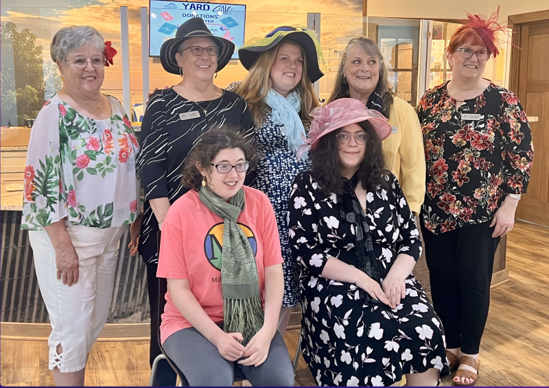 Gathered at the tea party celebrating the Lewes Senior Activity Center partnership with Sussex Consortium are in back (l-r) Karen Kempton, Sue Elliott, Sussex Consortium Job Coach Stacy Jones, Lewes Senior Activity Center President Pam Sweeney and Lewes Senior Activity Center Executive Director Tricia Fleming. In front are students Rhianna Powell and Fiona Mellon. SUBMITTED PHOTOS